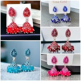 Silver Mix Small Cute Water Drop Head Jimikki Earrings with Multi-Color Stones & Pearl for Women and Girls