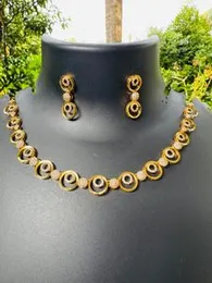 Gold Plated High Quality Double Round Design Necklace Set with White Stone Earrings for Women & Girls (Free Box)