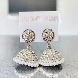 Full Silver Color Traditional Indian Jimikki Drop Earrings with White Pearl & White Stone for Women and Girls