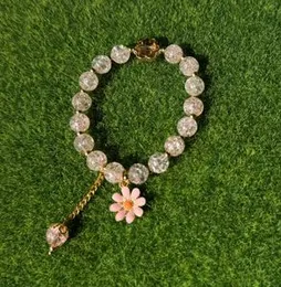 Handcrafted Elegant Light Pink Crackle Beads Stretch Bracelet with Cute Flower Charms, Stylish Women's Fashion Jewelry, Perfect Gift Idea