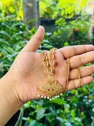 Gold Plated Rich Look Traditional Hansaputtuwa Kandyan Kara Maala Necklace with White Stone & Pearl for Women & Girls (Free Box)