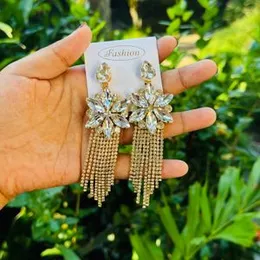 Gold Color Big Flower Theme Long Tassel Earrings with White Stone for Women and Girls