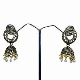 Dull Gold Indian Jhumka Jimikki Drop Dangle Earrings with White Pearl