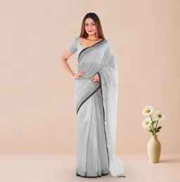 GREY WITH SILVER BOARDER AND BLACK LINE  ORGANZA COTTON