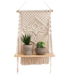 Decazone Macrame Indoor Wall Hanging Shelf Chic Decor Wood Floating Boho Shelves with Wooden Dowel Hand Woven Bohemian Decor for Apartment Dorm Bedroo