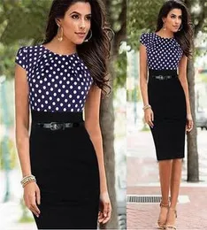 Women Sleeveless O-Neck Dot Print Office Business Dress Blue