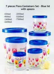 7 Pcs Plastic Flora Container Set with Free Spoon Round Basket for Storage Food Items, Grocery Goods in Kitchen