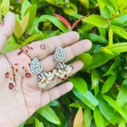 Dull Gold Small Cute Fashionable Jimikki Earrings with White Pearl & White Stone for Women and Girls