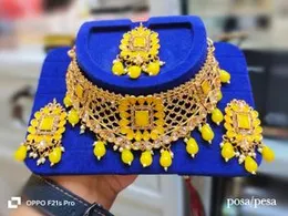 Traditional Asian Indian Yellow Necklace Set with Choker, Earrings & Maang Tikka