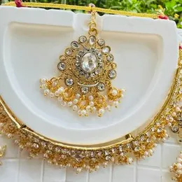 Silver & Gold Color Small Stone Choker Necklace Set with Earrings & Nalal Theli – White Stone & Pearl Jewelry for Women & Girls