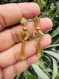 Gold Plated Stylish Heart Shaped Tassel Drop Earrings (No Stone) for Women & Girls
