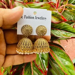 Oxidized Gold Small Beautiful Jimikki Drop Earrings with White Pearl for Women and Girls