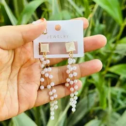 Silver & Gold Square Head Pearl Long Tassel Drop Earrings – Western Style