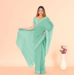 GREEN WITH WHITE STITCH BOARDER ORGANZA COTTON