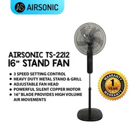 Airsonic 16 Inch Stand Fan 1 Year Warranty 50W Copper Motor 5 Blades 3 Speeds Oscillation Timer Heavy Base Powerful Cooling