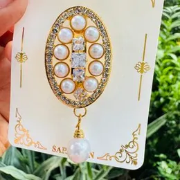 Gold Color Beautiful Oval Design Saree Brooch with White Pearl Drop for Women & Girls