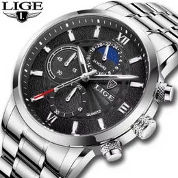 Stainless Steel  Leather Strap Luxury Men Watch Quartz Analog Business Chain Casual Wrist Dial LIGEx Watches For Boys Gents Black White