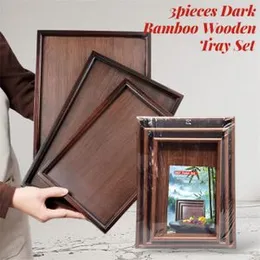 3pcs Dark Bamboo Woodern Tray Set