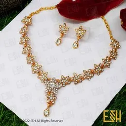 22KT Gold Plated 6MM Necklace with Earrings Set – White & Gold Stone Wedding Jewelry for Women