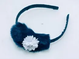Elegant Furry Bow Hair Band with White Floral Accent for Girls â Deep Blue