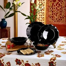 Floral Shape 9 Inch Black Opal Glass Plate, OPPLWARE DINNER SET, Food Serving Flat Opal Glass Plate Black Dinnerware Plates Opal Tableware