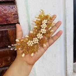 full gold color big hair ornament with small pearl flower and gold beaded Bride Wedding Hair Comb Hair Accessories for women and girl