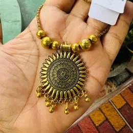 Oxidized Gold Color 22-Inch Chain with Chakra Design Medium Pendant & Gold Beads – Necklace for Women & Girls