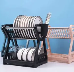 Double-Layer Kitchen Dish Bowl Draining Storage Rack Basket with Chopstick Cage