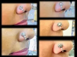 Silver Color Indian Traditional Non-Piercing Round Rope & Dot Design Nose Ring with Stone for Women & Girls
