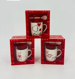 Valentine's-themed "I Love You" ceramic couple mug gift sets with spoons