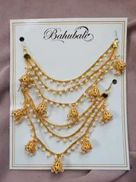Gold color Indian Bollywood BAHUBALI Traditional Ear chain to hair ornament with small jimmiky type bell and white pearl ONE PAIR SET for women and gi