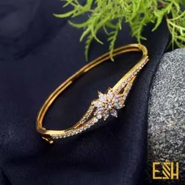 ESH High Quality Gold Plated Free Size Lock Lover Bangle with White Stone Flower Design for Women & Girls