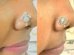 Silver Color Traditional Non-Piercing Nose Pin for Women & Girls – Half Moon Big Design Nose Ring with One Stone