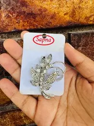 Silver Color Beautiful Flower Design Saree Brooch with Multi Stones for Women
