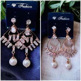 Rose Gold Triangle & Water Drop Earrings with White Stone and Pearl for Women and Girls