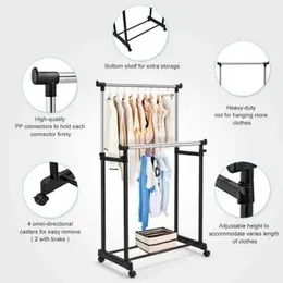 Double Pole Portable Clothing Hanging Garment Rack Laundry Drying Hanger with Wheels Steel Pole Telescopic Clothes , Fordable Single and Stand