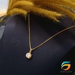 Gold Plated Guaranteed 18/24 inch 01MM Box Chain with Round Pendant with White Stone for Woman.
