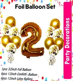 32" Gold Foil Numbers With 12Pcs Balloon Set 6Pcs Confetti Balloons 6 Pcs Chrome Balloons Birthday Party Decorations