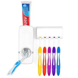 Automatic Toothpaste Dispenser with 5 Brush Holder, Fresh ABS Plastic Dust-Proof Wall Mounted Toothbrush Holder with Cover Storage Stand for Home Bath