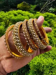 Dull Gold Color Beautiful Bangle Set with Pearl & Stone Design for Women & Girls