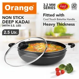 Orange 3.2MM Series Non-Stick Deep Kadai/Sabzi Kadai/Halwa/Fired Rice/Kadi With Glass Lid | Heavy Thickness | Cool Touch Backlit Handles