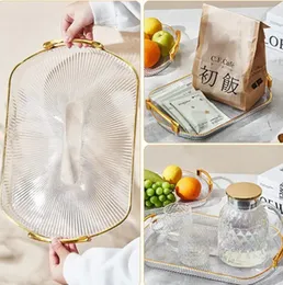 Set of 3 Clear Serving Trays with Elegant Golden Handles, 3 Sizes Shallow Serving Tray Fruit Serving Tray Buffet Serving Food Tray Food Grade Reusable
