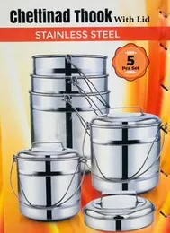 Chettinad Thook with Lid 5pcs Stainless Steel Set, Traditional Idli Steamer Thooku Pots, Premium 5pcs Chettinad Stainless Steel Thook