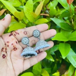 Full silver color Traditional Indian jimmiky drop earring with white pearl and white stone for girl and women