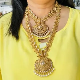 Dull Gold Double Layer Necklace & Earrings Set with White Stone and Pearl – Women & Girls Jewelry Set