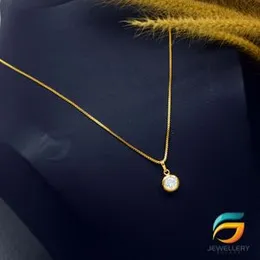 Gold Plated Guaranteed 18/24 inch 01MM Box Chain with Round Pendant with White Stone for Woman.