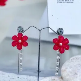 Silver Plated Stylish Red Flower & White Pearl Drop Earrings with Silver Line Tassel