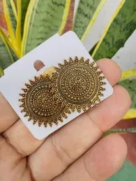 Oxidized Gold Color Big Round Stud Earrings with Carved Design for Women & Girls
