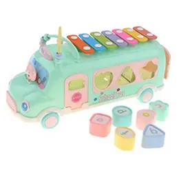 5 in 1 Kids Multifunction Musical School Bus Toy - Geometrical Letter Blocks Shape Matching & Musical Xylophone Bead Maze Educational Toy for Baby & T