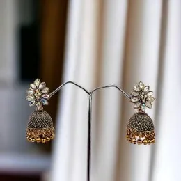 ESH Dull Gold Ethnic Dangle Long Tassel Bell Drop Jimmiki Earrings with Multi Color Stones & Gold Beads for Women and Girls